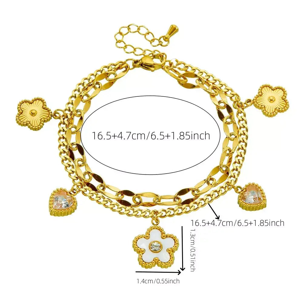 women’s bracelet,
double-layer bracelet,
heart pendant bracelet,
zircon heart bracelet,
five-leaf flower bracelet,
romantic bracelet for her,
stainless steel bracelet women,
delicate bracelet for women,
fashion hand chain jewelry,
elegant women’s jewelry,
sparkling zircon bracelet,
gift bracelet for girlfriend,
bracelet with heart charm,
flower charm bracelet,
premium stainless steel jewelry,
women’s fashion bracelet,
meaningful gift for her,
cute bracelet for women,
girly aesthetic jewelry,
Floria Heartshi