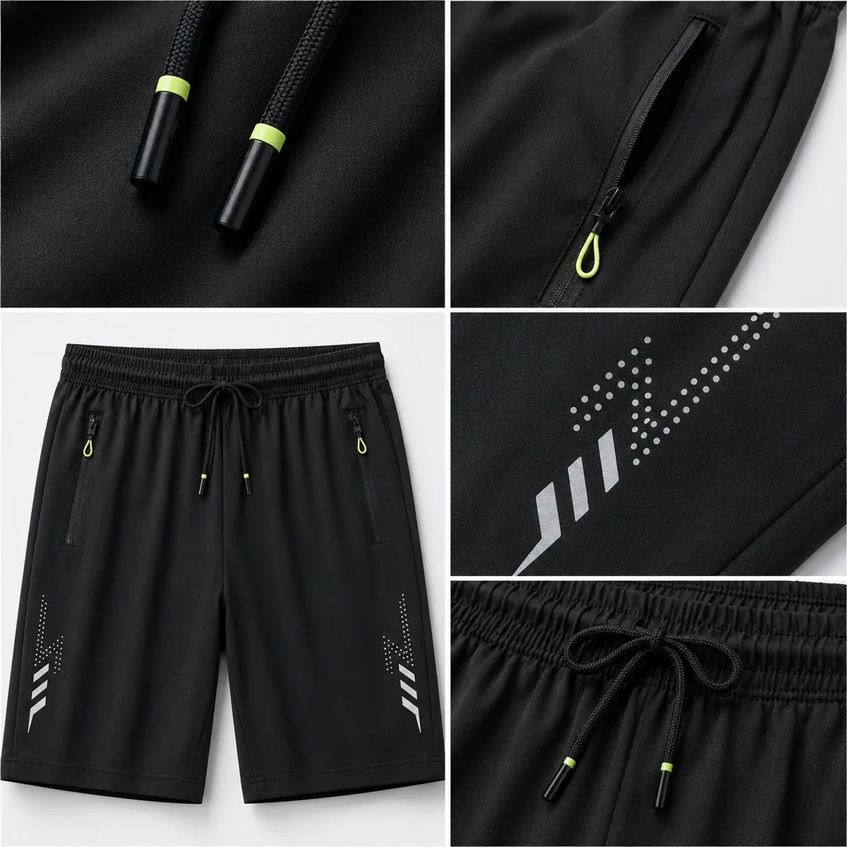 FlexDry men’s black shorts with zipped pockets, drawcord waist and reflective details