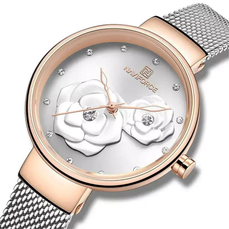 women’s luxury watch, elegant ladies watch, stainless steel women’s watch, floral design watch, stylish ladies wristwatch, women’s fashion watch UK, rose gold women’s watch, minimalist women’s watch, affordable luxury watch, ladies mesh strap watch, gift watch for women, chic women’s quartz watch