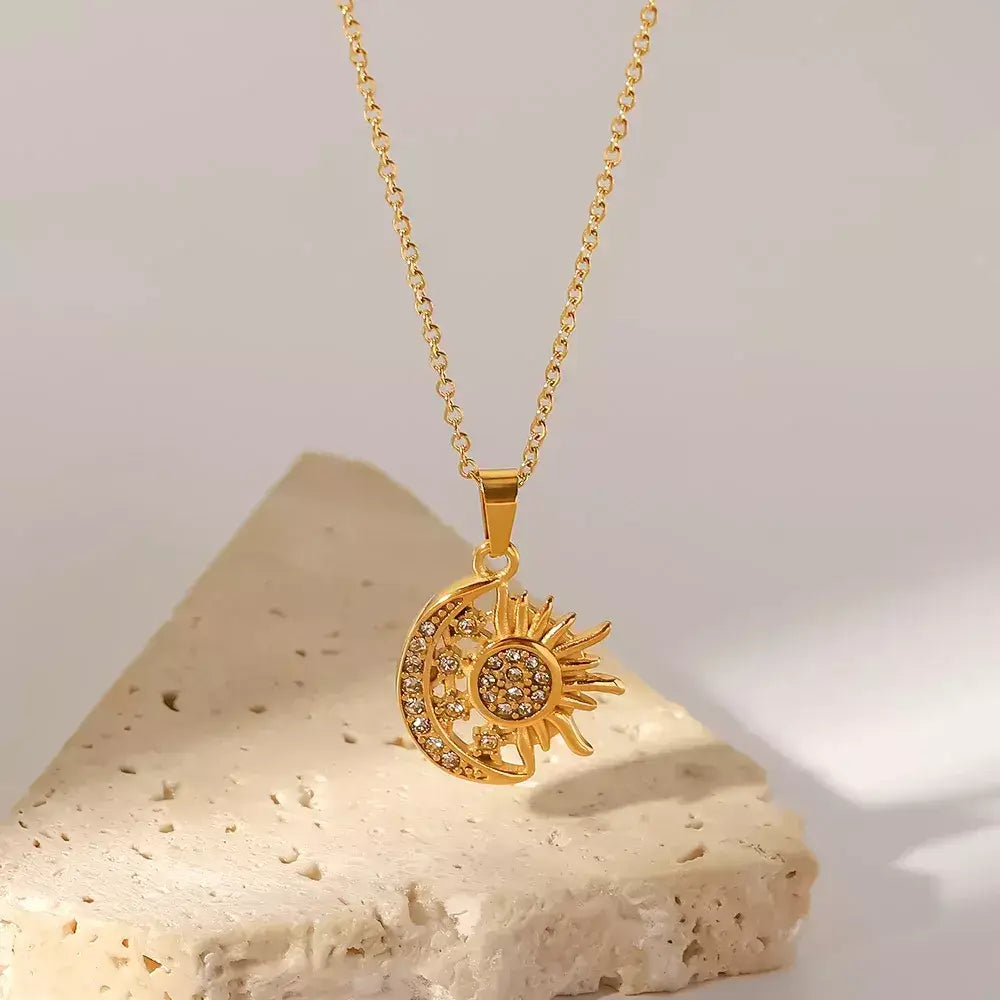 golden eclipse necklace,
gold stainless steel necklace,
waterproof gold necklace,
minimalist gold necklace,
elegant gold jewelry for women,
luxury gold pendant necklace,
long lasting gold jewelry,
Amorate necklace,
gold moon pendant necklace,
everyday waterproof jewelry