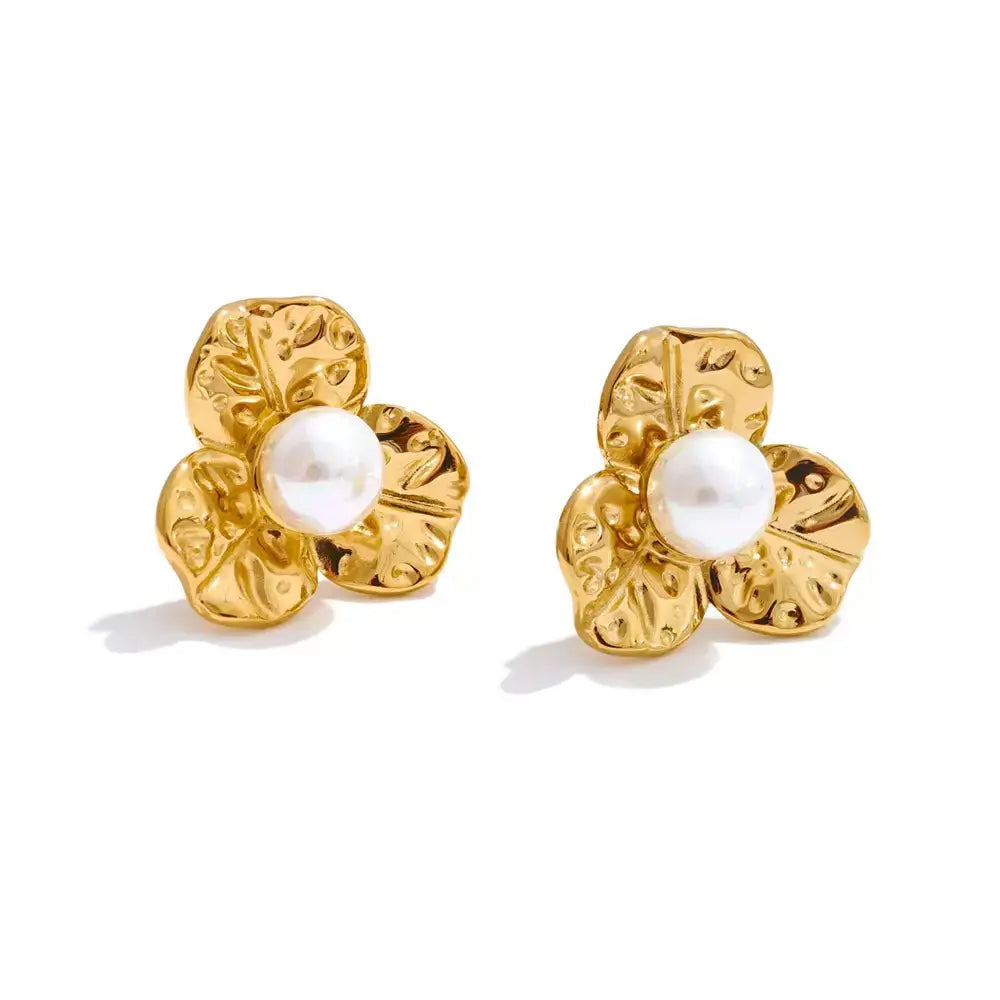 pearl flower stud earrings, floral pearl earrings, pearl stud earrings for women, waterproof pearl earrings, stainless steel pearl earrings, elegant pearl stud earrings, minimalist pearl earrings, everyday pearl earrings, lightweight pearl earrings, pearl earrings gift for her, romantic pearl earrings, classic pearl stud earrings, floral earrings with pearl
