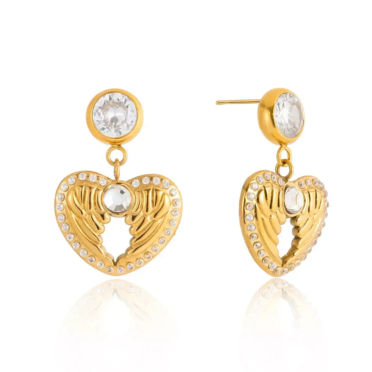 wings of love earrings, heart wings earrings, gold heart earrings, wing heart earrings for women, 18k gold plated heart earrings, zircon heart earrings, stainless steel gold earrings, minimalist gold earrings, delicate gold earrings, hypoallergenic gold earrings, romantic earrings gift, jewellery gift for her, valentines day earrings