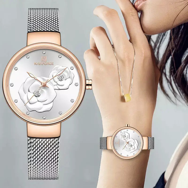 women’s luxury watch, elegant ladies watch, stainless steel women’s watch, floral design watch, stylish ladies wristwatch, women’s fashion watch UK, rose gold women’s watch, minimalist women’s watch, affordable luxury watch, ladies mesh strap watch, gift watch for women, chic women’s quartz watch
