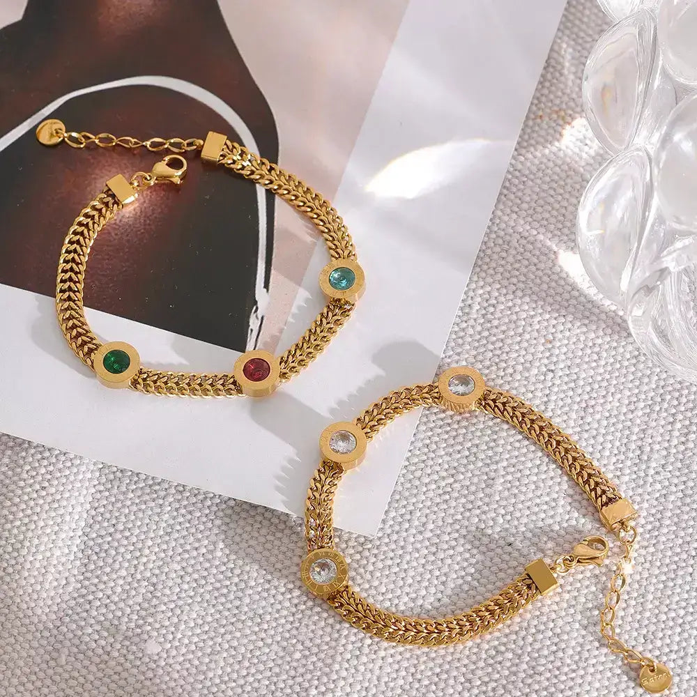 Women’s bracelet, Aurora bracelet, Gold bracelet for women, Stainless steel bracelet, Multicoloured bracelet, Cuban link bracelet, Gold-plated bracelet, Elegant women’s jewellery, Sparkling cubic zirconia bracelet, Stylish women’s accessory