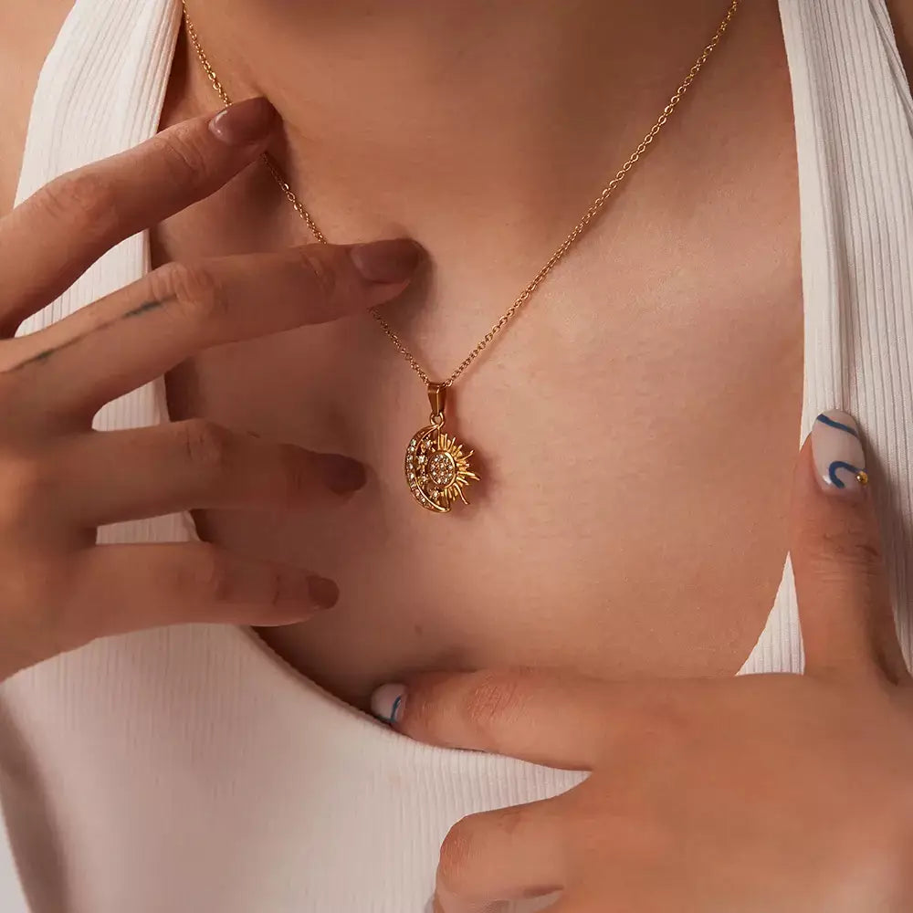 golden eclipse necklace,
gold stainless steel necklace,
waterproof gold necklace,
minimalist gold necklace,
elegant gold jewelry for women,
luxury gold pendant necklace,
long lasting gold jewelry,
Amorate necklace,
gold moon pendant necklace,
everyday waterproof jewelry