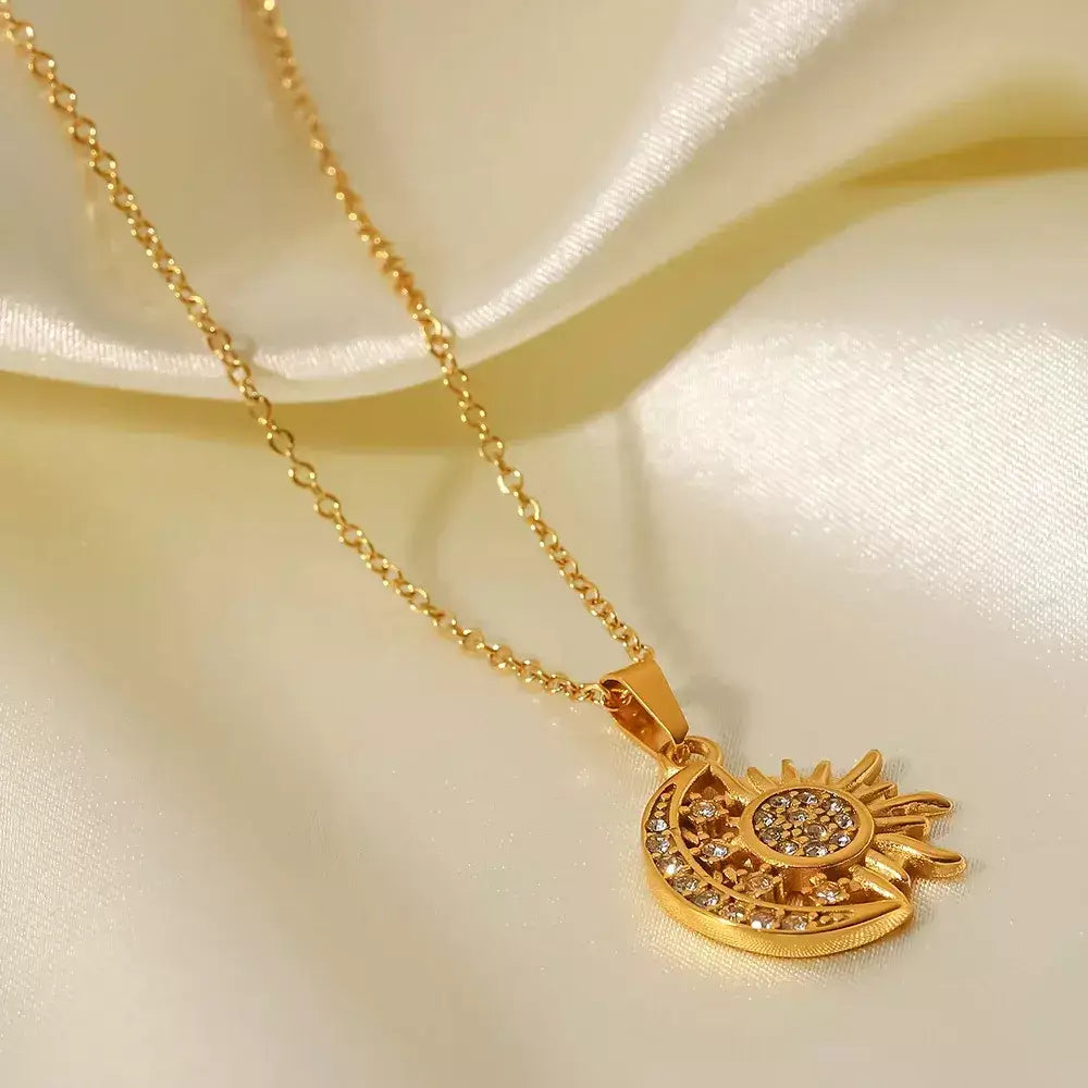 golden eclipse necklace,
gold stainless steel necklace,
waterproof gold necklace,
minimalist gold necklace,
elegant gold jewelry for women,
luxury gold pendant necklace,
long lasting gold jewelry,
Amorate necklace,
gold moon pendant necklace,
everyday waterproof jewelry
