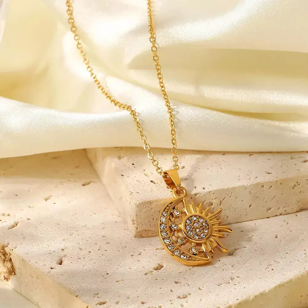 golden eclipse necklace,
gold stainless steel necklace,
waterproof gold necklace,
minimalist gold necklace,
elegant gold jewelry for women,
luxury gold pendant necklace,
long lasting gold jewelry,
Amorate necklace,
gold moon pendant necklace,
everyday waterproof jewelry