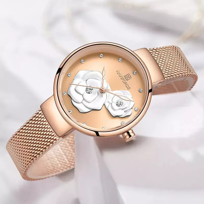 women’s luxury watch, elegant ladies watch, stainless steel women’s watch, floral design watch, stylish ladies wristwatch, women’s fashion watch UK, rose gold women’s watch, minimalist women’s watch, affordable luxury watch, ladies mesh strap watch, gift watch for women, chic women’s quartz watch
