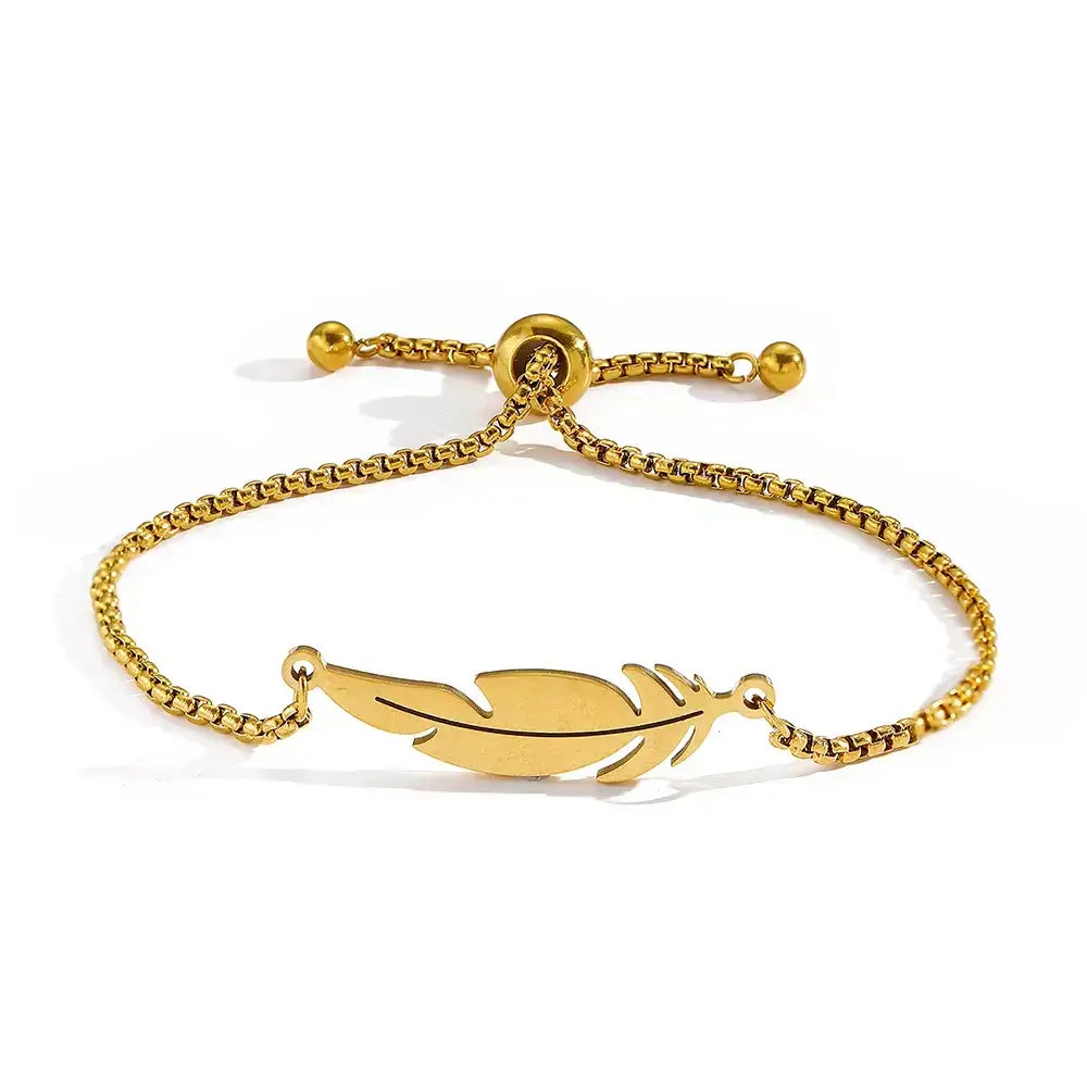 feather bracelete,

women’s bracelet,

stainless steel bracelete,

feather charm bracelete,

gold feather bracelet,

silver feather bracelete,

adjustable women’s bracelet,

minimalist bracelet for women