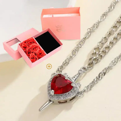 Snow White couple necklace, Huntsman heart and sword necklace, Matching couple necklaces, Romantic Valentine's Day jewellery, Heart and sword pendant, Couple pendant necklace set, Love necklace for couples, Fairytale couple jewellery, His and hers matching necklaces, Snow White inspired necklace