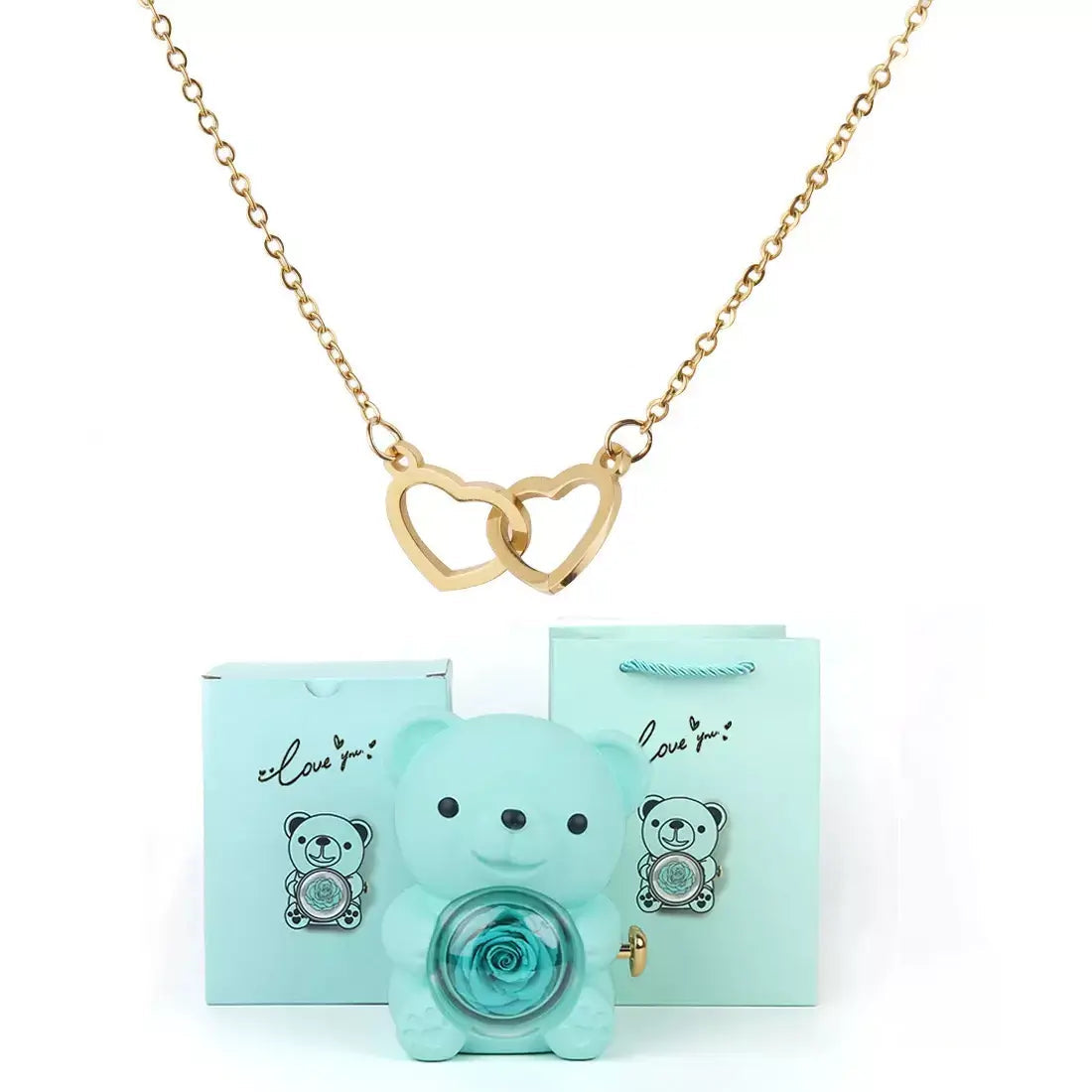 Double Heart Necklace, Romantic Gift for Her, Valentine’s Day Gift for Her, Anniversary Necklace Gift, Heart Pendant Necklace, Teddy Bear Gift Box, Love Heart Necklace, Jewellery Gift Set for Her, Meaningful Gift for Girlfriend, Luxury Necklace Gift
