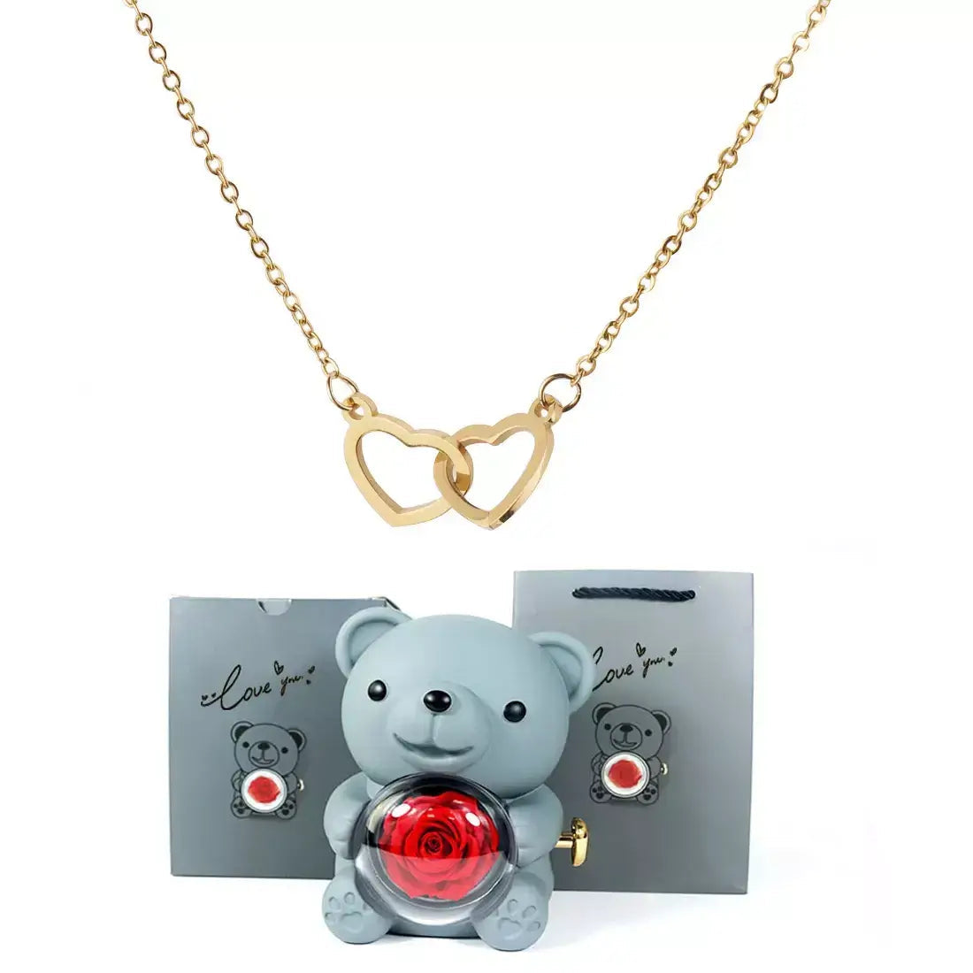 Double Heart Necklace, Romantic Gift for Her, Valentine’s Day Gift for Her, Anniversary Necklace Gift, Heart Pendant Necklace, Teddy Bear Gift Box, Love Heart Necklace, Jewellery Gift Set for Her, Meaningful Gift for Girlfriend, Luxury Necklace Gift