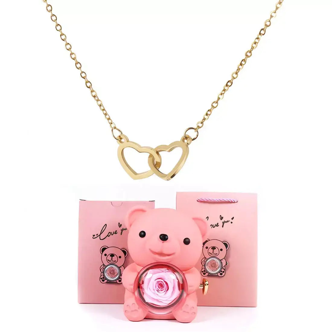 Doppelherz-Halskette, romantisches Geschenk für sie, Valentinstagsgeschenk für sie, Halskette als Geschenk zum Jahrestag, Herzanhänger-Halskette, Geschenkbox mit Teddybär, Liebes-Herz-Halskette, Schmuck-Geschenkset für sie, bedeutungsvolles Geschenk für die Freundin, luxuriöses Halsketten-Geschenk