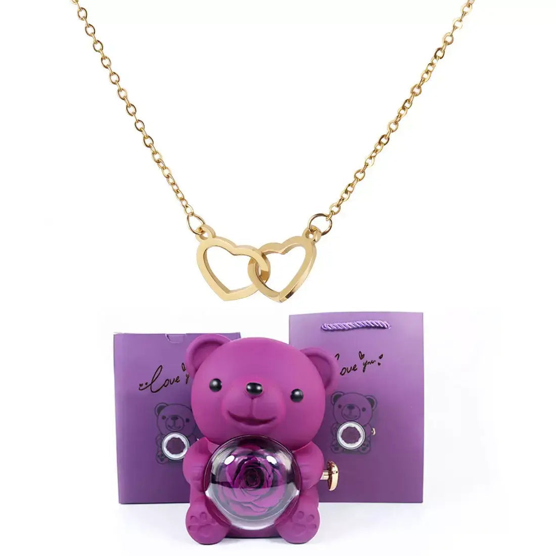 Doppelherz-Halskette, romantisches Geschenk für sie, Valentinstagsgeschenk für sie, Halskette als Geschenk zum Jahrestag, Herzanhänger-Halskette, Geschenkbox mit Teddybär, Liebes-Herz-Halskette, Schmuck-Geschenkset für sie, bedeutungsvolles Geschenk für die Freundin, luxuriöses Halsketten-Geschenk