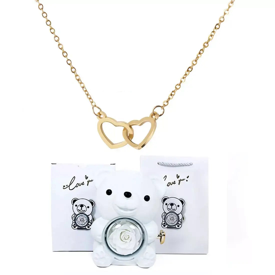 Doppelherz-Halskette, romantisches Geschenk für sie, Valentinstagsgeschenk für sie, Halskette als Geschenk zum Jahrestag, Herzanhänger-Halskette, Geschenkbox mit Teddybär, Liebes-Herz-Halskette, Schmuck-Geschenkset für sie, bedeutungsvolles Geschenk für die Freundin, luxuriöses Halsketten-Geschenk