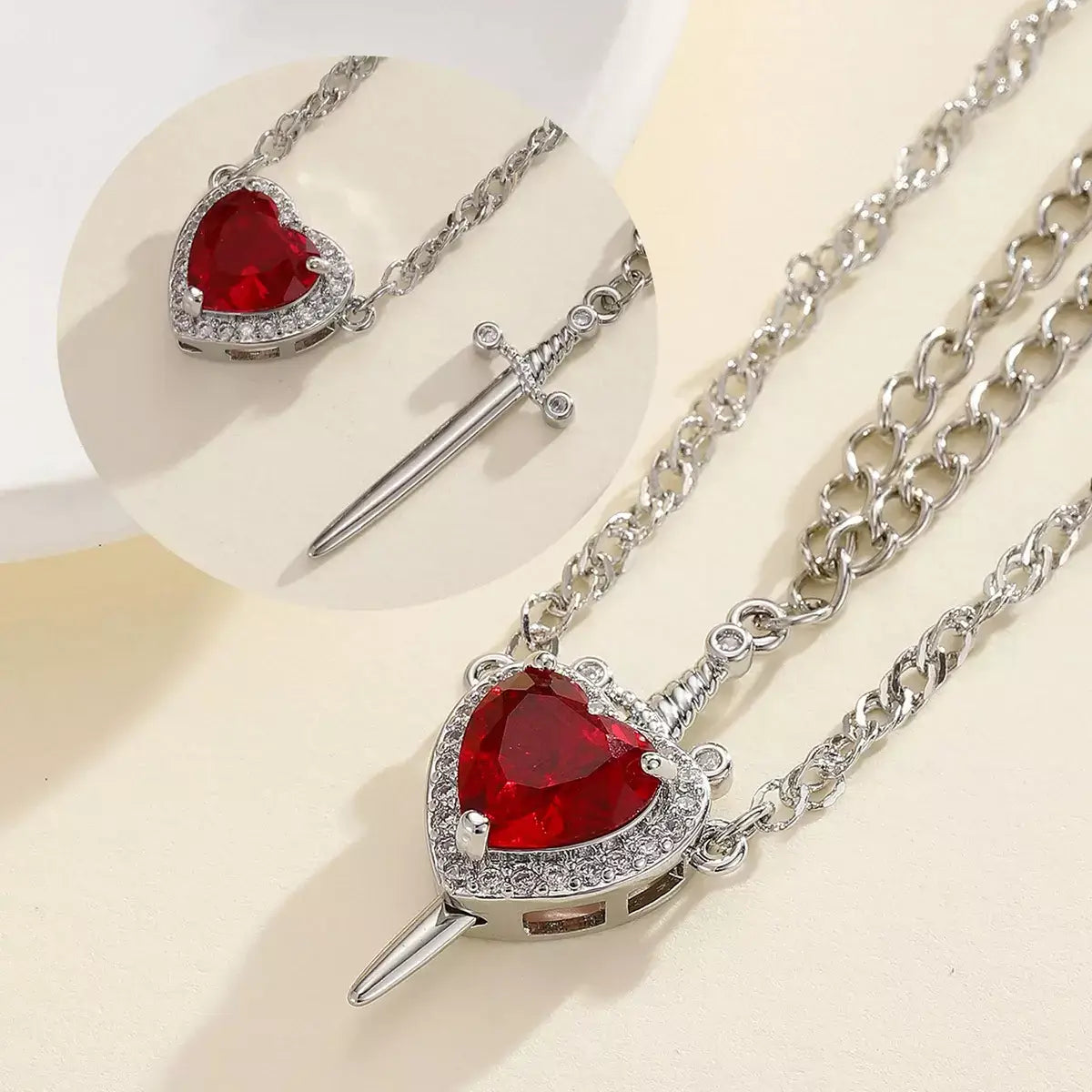Snow White couple necklace, Huntsman heart and sword necklace, Matching couple necklaces, Romantic Valentine's Day jewellery, Heart and sword pendant, Couple pendant necklace set, Love necklace for couples, Fairytale couple jewellery, His and hers matching necklaces, Snow White inspired necklace