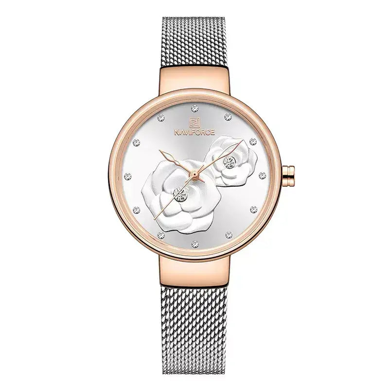 women’s luxury watch, elegant ladies watch, stainless steel women’s watch, floral design watch, stylish ladies wristwatch, women’s fashion watch UK, rose gold women’s watch, minimalist women’s watch, affordable luxury watch, ladies mesh strap watch, gift watch for women, chic women’s quartz watch