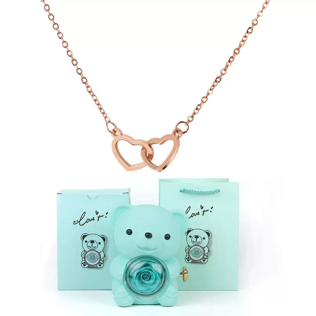 Doppelherz-Halskette, romantisches Geschenk für sie, Valentinstagsgeschenk für sie, Halskette als Geschenk zum Jahrestag, Herzanhänger-Halskette, Geschenkbox mit Teddybär, Liebes-Herz-Halskette, Schmuck-Geschenkset für sie, bedeutungsvolles Geschenk für die Freundin, luxuriöses Halsketten-Geschenk