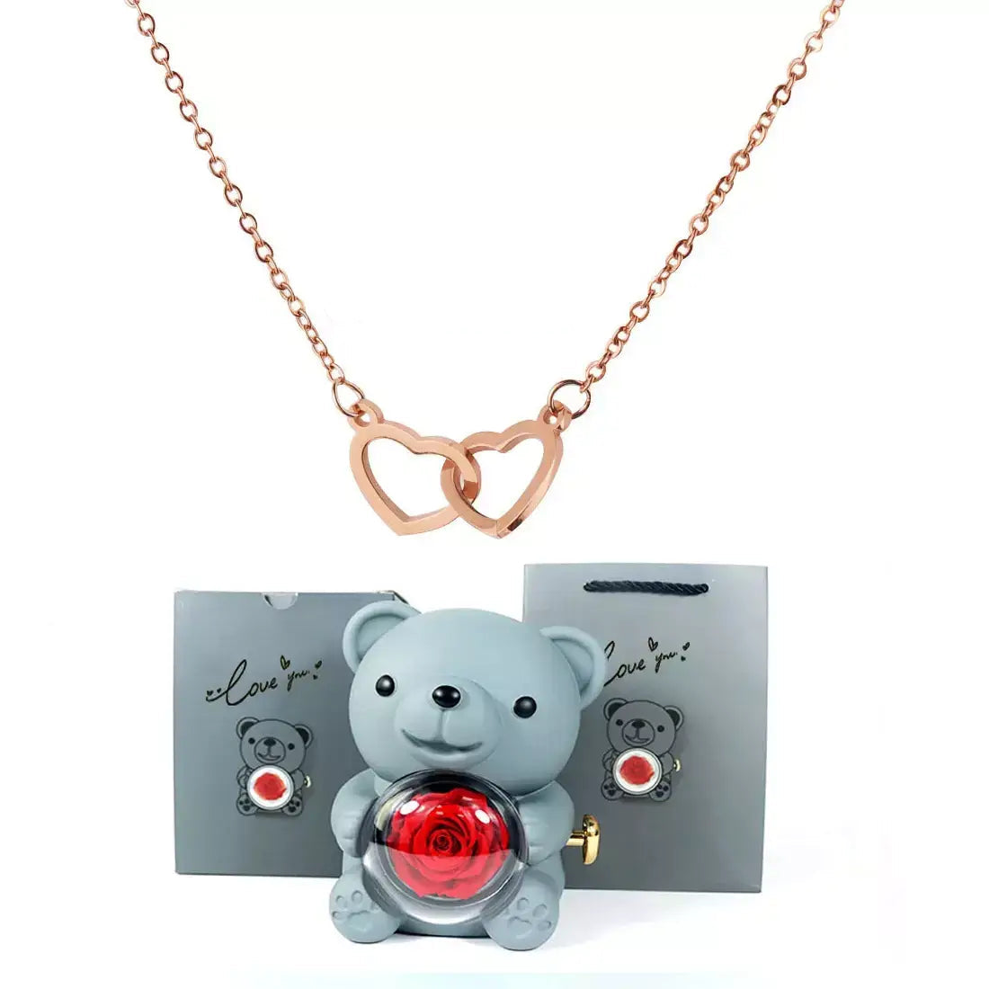 Doppelherz-Halskette, romantisches Geschenk für sie, Valentinstagsgeschenk für sie, Halskette als Geschenk zum Jahrestag, Herzanhänger-Halskette, Geschenkbox mit Teddybär, Liebes-Herz-Halskette, Schmuck-Geschenkset für sie, bedeutungsvolles Geschenk für die Freundin, luxuriöses Halsketten-Geschenk