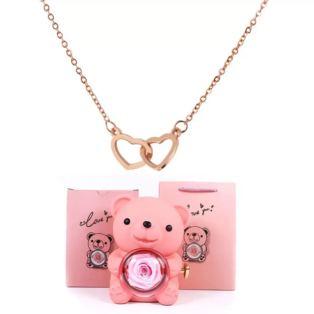 Doppelherz-Halskette, romantisches Geschenk für sie, Valentinstagsgeschenk für sie, Halskette als Geschenk zum Jahrestag, Herzanhänger-Halskette, Geschenkbox mit Teddybär, Liebes-Herz-Halskette, Schmuck-Geschenkset für sie, bedeutungsvolles Geschenk für die Freundin, luxuriöses Halsketten-Geschenk