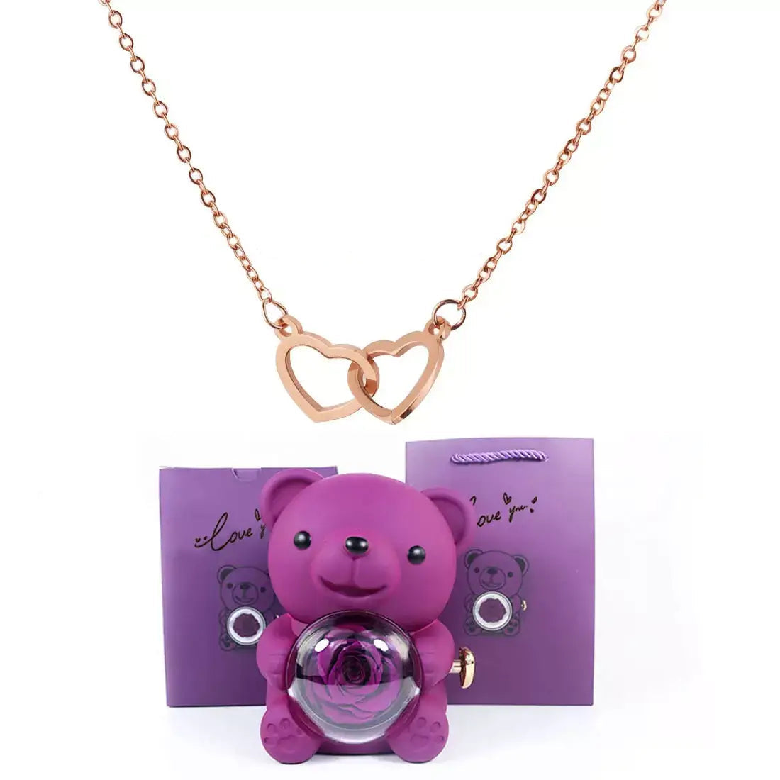Doppelherz-Halskette, romantisches Geschenk für sie, Valentinstagsgeschenk für sie, Halskette als Geschenk zum Jahrestag, Herzanhänger-Halskette, Geschenkbox mit Teddybär, Liebes-Herz-Halskette, Schmuck-Geschenkset für sie, bedeutungsvolles Geschenk für die Freundin, luxuriöses Halsketten-Geschenk