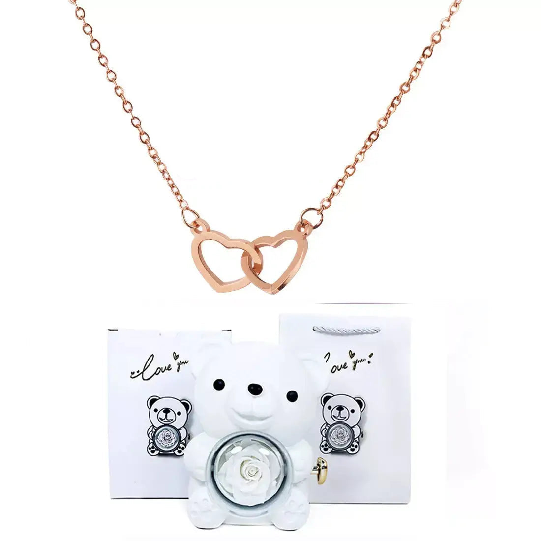 Double Heart Necklace, Romantic Gift for Her, Valentine’s Day Gift for Her, Anniversary Necklace Gift, Heart Pendant Necklace, Teddy Bear Gift Box, Love Heart Necklace, Jewellery Gift Set for Her, Meaningful Gift for Girlfriend, Luxury Necklace Gift