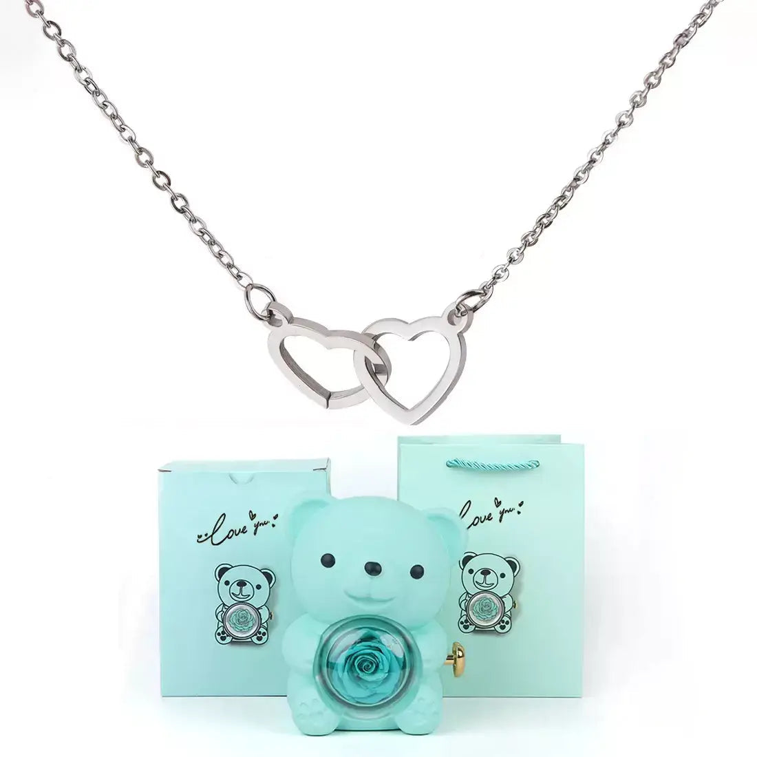 Doppelherz-Halskette, romantisches Geschenk für sie, Valentinstagsgeschenk für sie, Halskette als Geschenk zum Jahrestag, Herzanhänger-Halskette, Geschenkbox mit Teddybär, Liebes-Herz-Halskette, Schmuck-Geschenkset für sie, bedeutungsvolles Geschenk für die Freundin, luxuriöses Halsketten-Geschenk