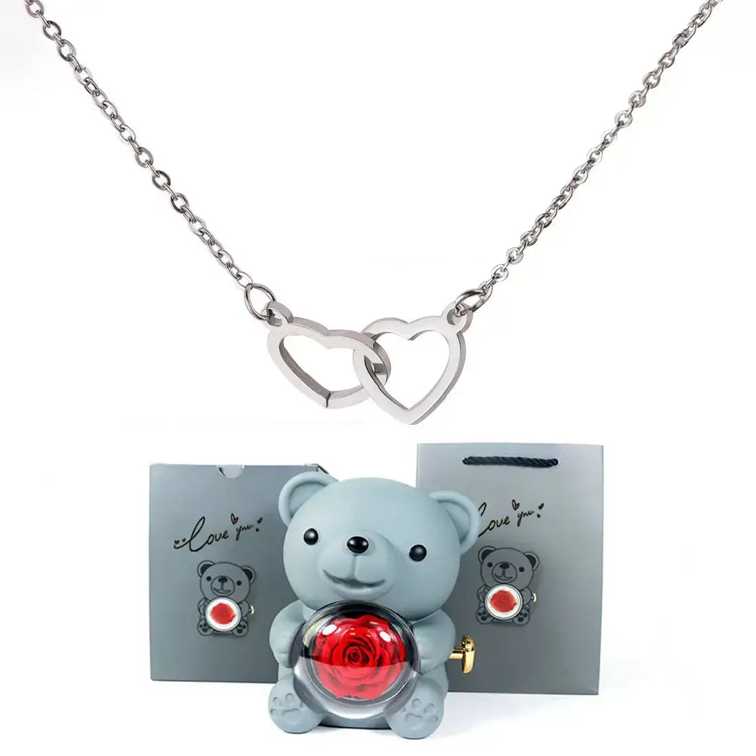 Doppelherz-Halskette, romantisches Geschenk für sie, Valentinstagsgeschenk für sie, Halskette als Geschenk zum Jahrestag, Herzanhänger-Halskette, Geschenkbox mit Teddybär, Liebes-Herz-Halskette, Schmuck-Geschenkset für sie, bedeutungsvolles Geschenk für die Freundin, luxuriöses Halsketten-Geschenk