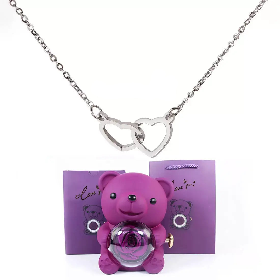 Doppelherz-Halskette, romantisches Geschenk für sie, Valentinstagsgeschenk für sie, Halskette als Geschenk zum Jahrestag, Herzanhänger-Halskette, Geschenkbox mit Teddybär, Liebes-Herz-Halskette, Schmuck-Geschenkset für sie, bedeutungsvolles Geschenk für die Freundin, luxuriöses Halsketten-Geschenk