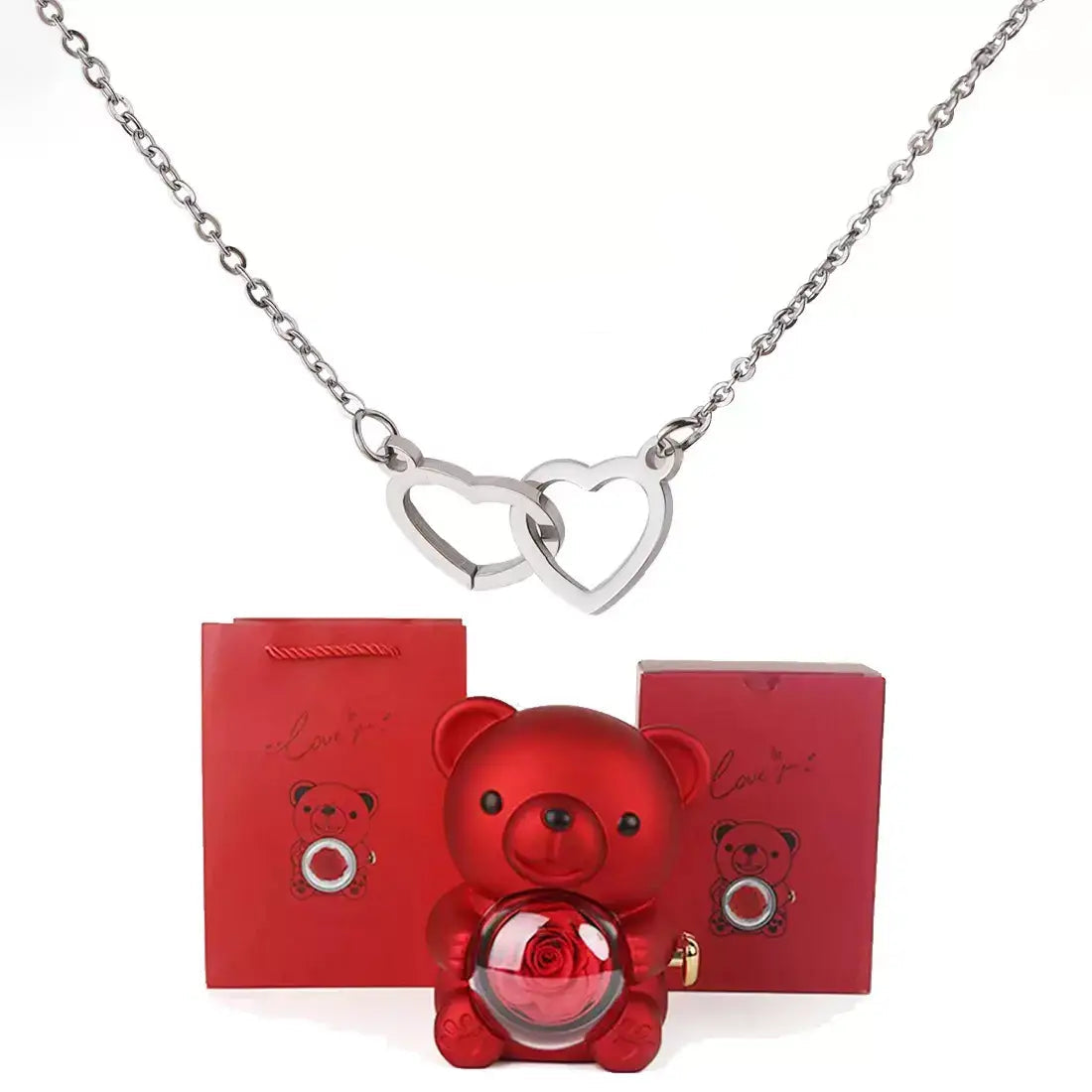 Doppelherz-Halskette, romantisches Geschenk für sie, Valentinstagsgeschenk für sie, Halskette als Geschenk zum Jahrestag, Herzanhänger-Halskette, Geschenkbox mit Teddybär, Liebes-Herz-Halskette, Schmuck-Geschenkset für sie, bedeutungsvolles Geschenk für die Freundin, luxuriöses Halsketten-Geschenk