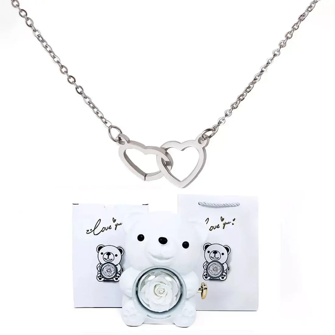 Doppelherz-Halskette, romantisches Geschenk für sie, Valentinstagsgeschenk für sie, Halskette als Geschenk zum Jahrestag, Herzanhänger-Halskette, Geschenkbox mit Teddybär, Liebes-Herz-Halskette, Schmuck-Geschenkset für sie, bedeutungsvolles Geschenk für die Freundin, luxuriöses Halsketten-Geschenk