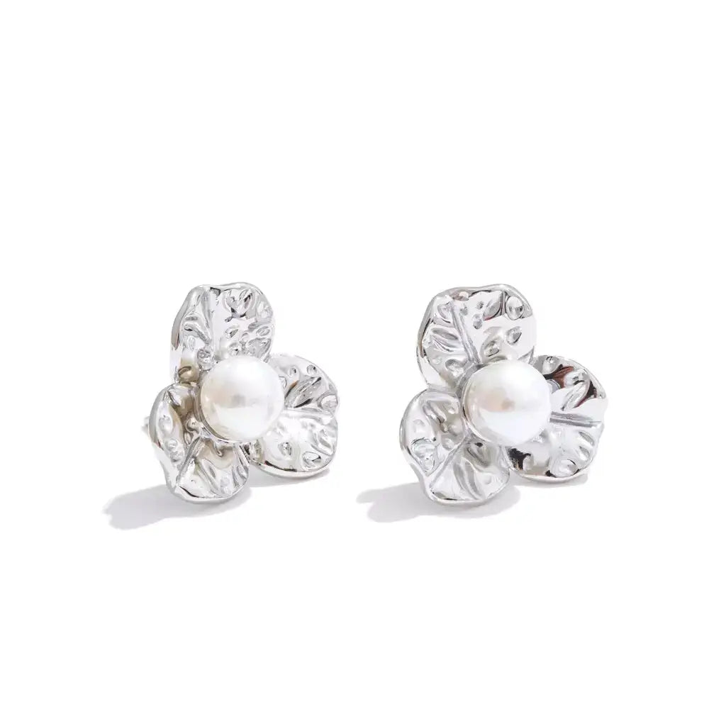 pearl flower stud earrings, floral pearl earrings, pearl stud earrings for women, waterproof pearl earrings, stainless steel pearl earrings, elegant pearl stud earrings, minimalist pearl earrings, everyday pearl earrings, lightweight pearl earrings, pearl earrings gift for her, romantic pearl earrings, classic pearl stud earrings, floral earrings with pearl