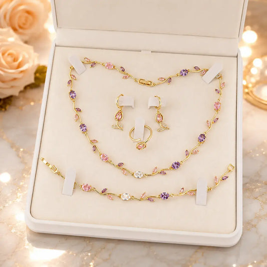 Tulpen Schmuckset Gold mit rosa und lila Steinen