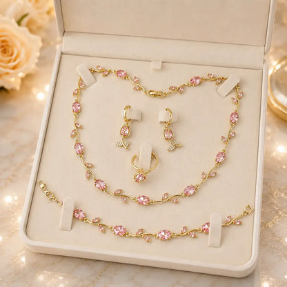 Tulpen Schmuckset in Gold mit rosa Steinen
