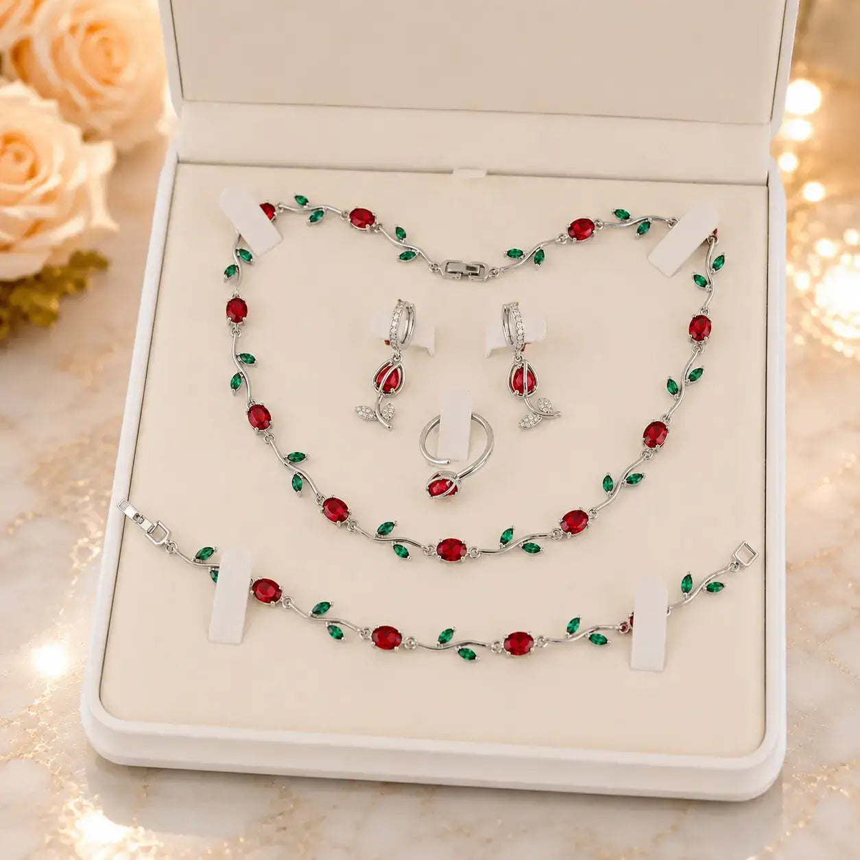 Tulpen Schmuckset in Silber mit roten und grünen Steinen