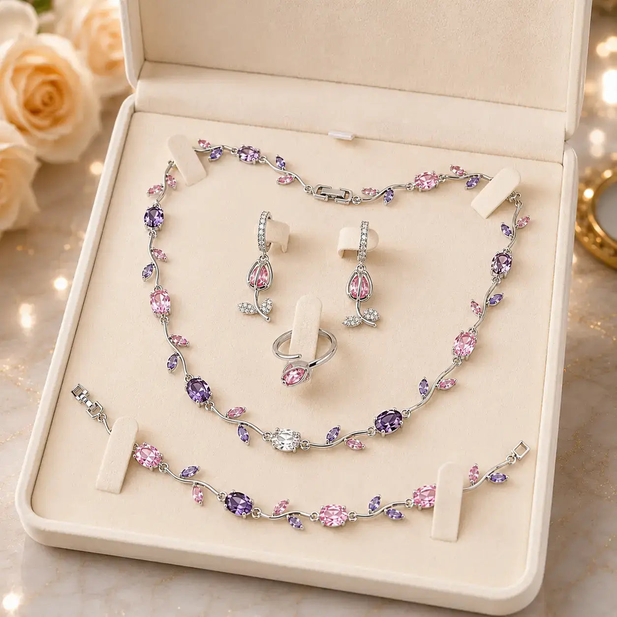 Tulpen Schmuckset in Silber mit rosa und lila Steinen