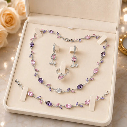 Tulpen Schmuckset in Silber mit rosa und lila Steinen