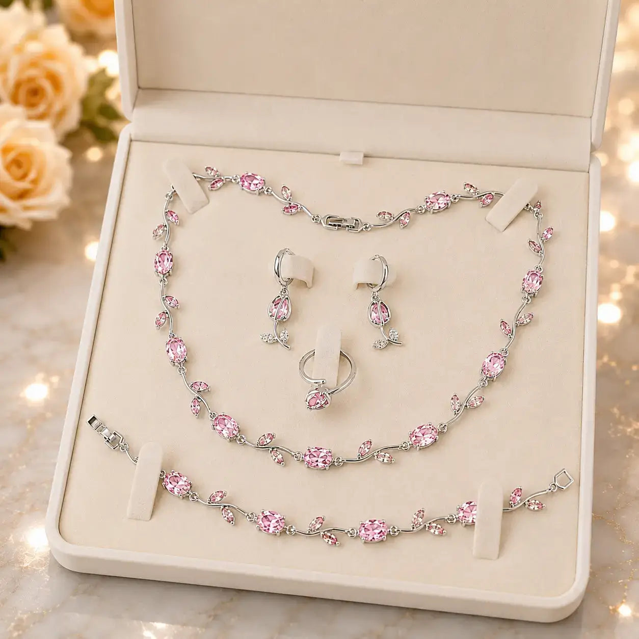 Tulpen Schmuckset in Silber mit rosa Steinen